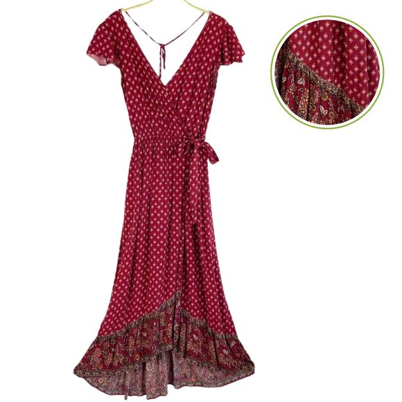 Xhilaration Dresses & Skirts - Xhilaration Floral Faux Wrap Maxi Dress Women Size S Red Cottagecore Ruffle Boho